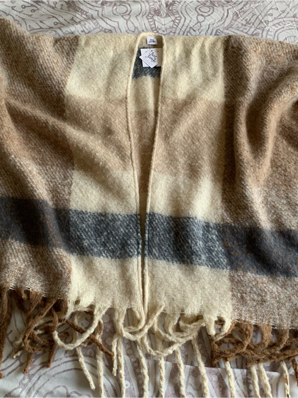Cozy Cream & Brown Plaid Fringe Women's Sweater Cardigan